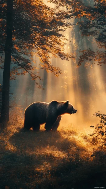 Bear iPhone wallpaper showing a grizzly bear in a misty forest with light rays shining through the trees.
