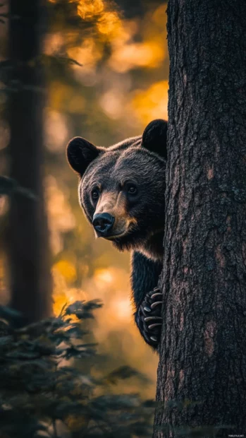 Bear lockscreen wallpaper illustrating a bear peeking from behind a tree with a blurred forest background.