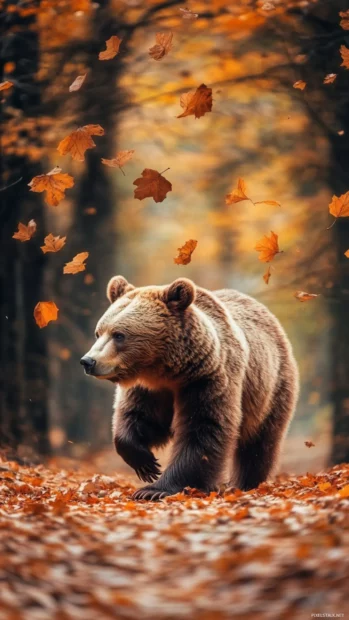 Bear walking through autumn forest with falling leaves and natural background.