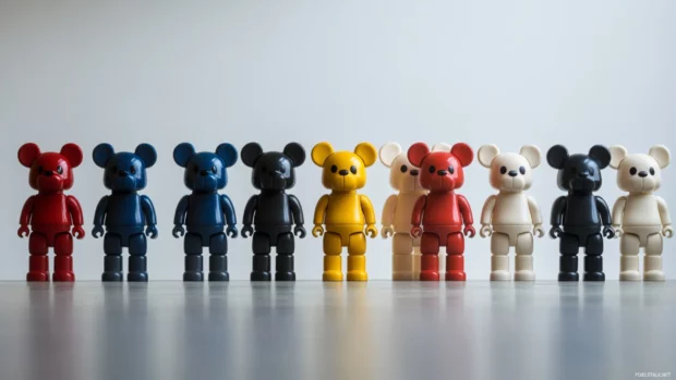 Bearbrick collection lined up in front of a white backdrop.