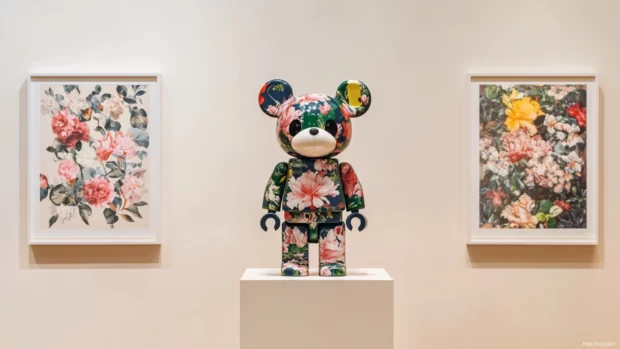Bearbrick design with floral prints displayed on a light beige wall.
