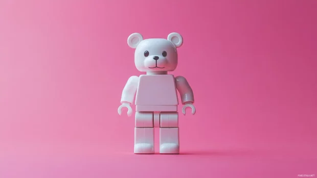 Bearbrick figure standing confidently with a plain pastel background.
