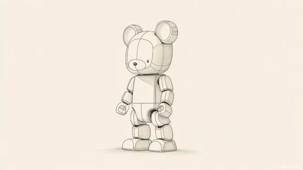 Bearbrick minimal wallpaper presenting a single line art of a Bearbrick on a solid cream background.