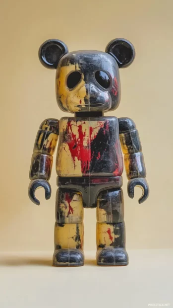 Bearbrick with transparent effects layered over a pale yellow backdrop.