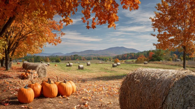 Beautiful Fall fields with pumpkins, hay bales, and brilliant leaves creating a perfect seasonal backdrop.