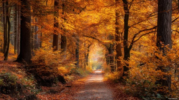 Beautiful Fall forest path covered with fallen leaves, creating a magical golden tunnel effect.
