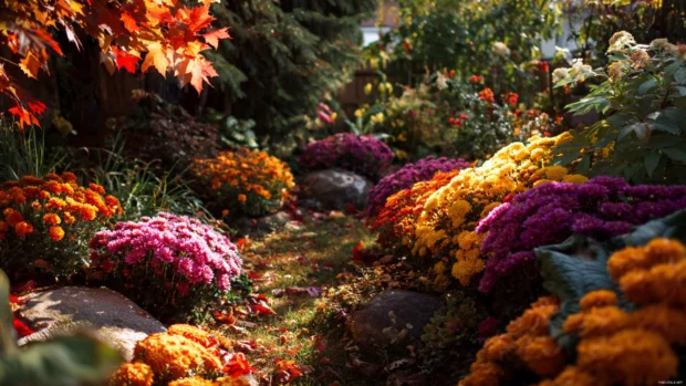 Beautiful Fall garden filled with chrysanthemums, marigolds, and maple leaves, bathed in warm afternoon light.