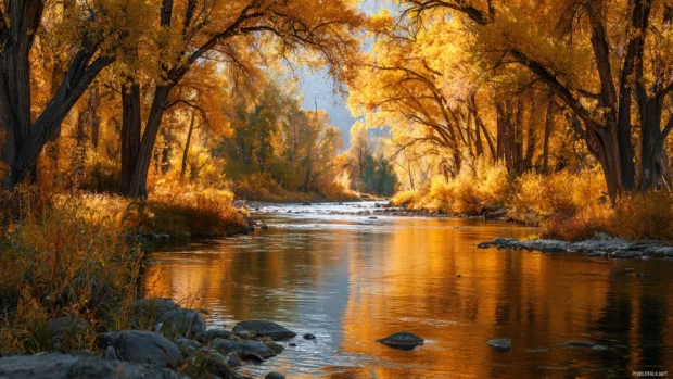 Beautiful Fall landscape with glowing golden trees, gentle sunlight, and a peaceful river reflecting autumn colors.