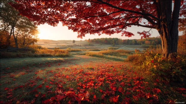 Beautiful Fall landscape with scattered red maple leaves and golden light embracing the peaceful countryside.