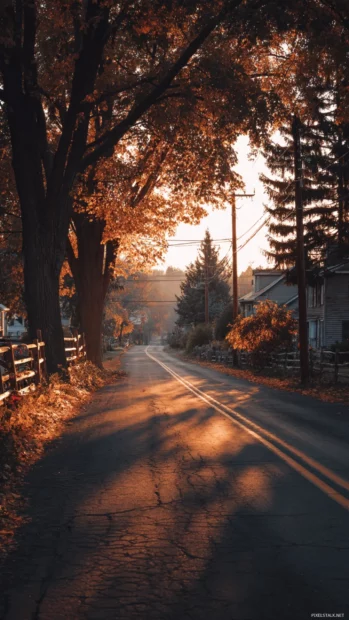Beautiful Fall sunset lighting up a quiet village road, perfect as a tall and elegant iPhone wallpaper.
