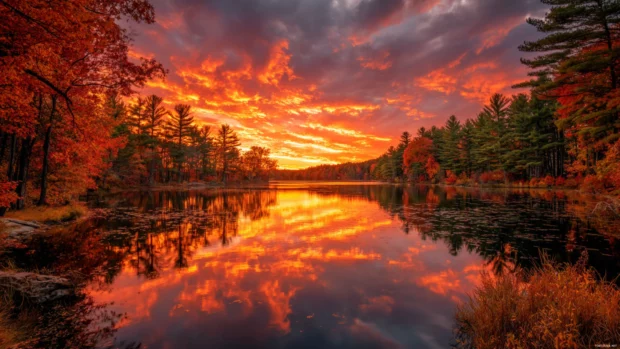 Beautiful Fall sunset over a tranquil lake, trees ablaze in red, gold, and orange reflecting on the water's surface.