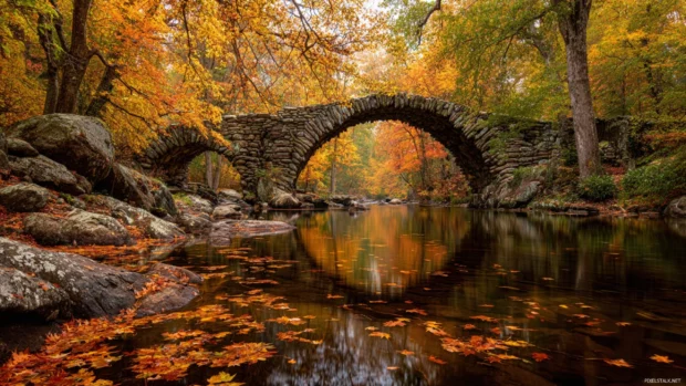 Beautiful Fall trees arching over a scenic stone bridge, leaves drifting on the calm river below.