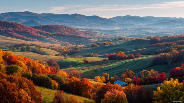 Beautiful Fall with endless rolling hills covered in red, orange, and yellow foliage under a soft blue sky.