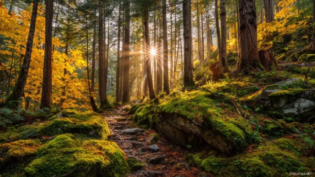 Beautiful autumn wallpaper capturing golden sunbeams filtering through a forest of amber maples over mossy trail.