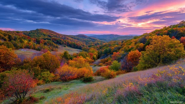 Beautiful fall backgrounds featuring a rolling hillside blanketed in colourful foliage under soft twilight sky.
