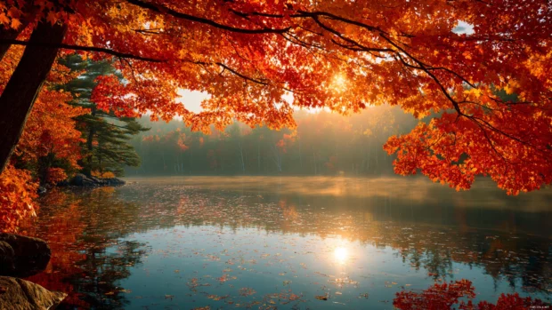 Beautiful fall desktop wallpaper showing golden sun rays streaming through red maple canopy over glittering lake.
