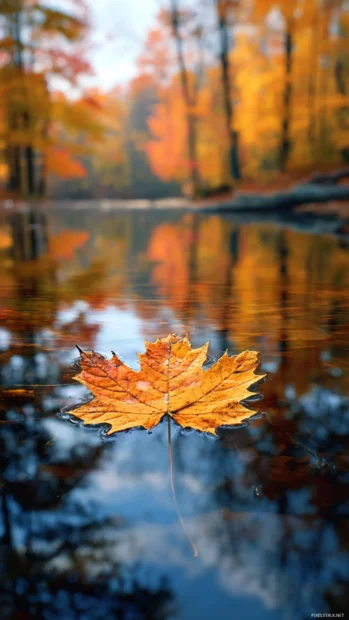 Beautiful fall foliage wallpaper iPhone layout showing single maple leaf gently floating on still pond reflecting fall trees.