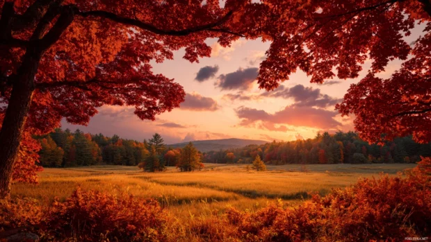 Beautiful fall landscape desktop wallpaper featuring vast golden meadow framed by fiery sugar maples at sunset.