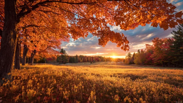 Beautiful fall landscape wallpaper portraying a golden meadow framed by sugar maple canopy at sunset.