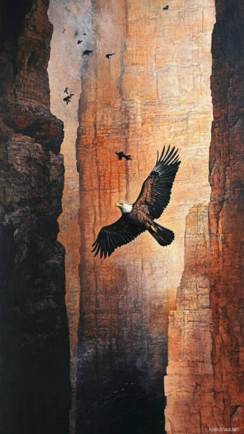 Between tall canyon walls, an Eagle rides the thermal air currents.