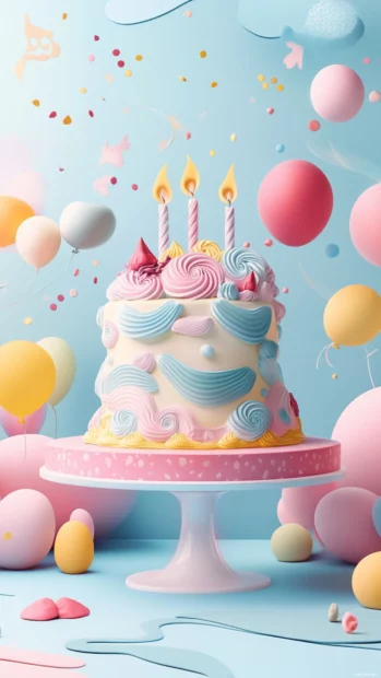 Birthday Cake design framed in soft vignette and pastel patterns.