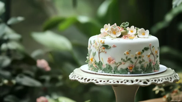 Birthday Cake on a porcelain stand with a garden theme.