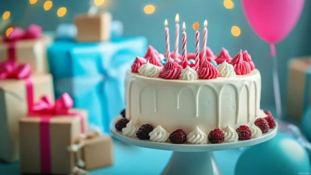 Birthday Cake placed beside gift boxes in a dreamy setting.