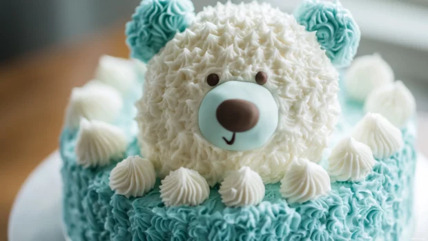Birthday Cake shaped like a bear with soft icing and gentle tones.