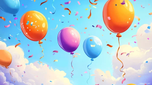 Birthday balloon decorations floating in the sky with confetti and streamers.