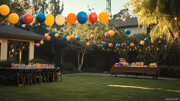 Birthday balloon garland hanging across a backyard celebration.