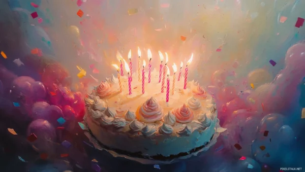 Birthday cake with candles and confetti, capturing the essence of a joyful celebration.