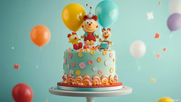 Birthday cake with cartoon characters and balloons, creating a fun and playful scene.