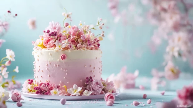 Birthday cake with pastel colors and floral decorations, offering a serene and elegant wallpaper.