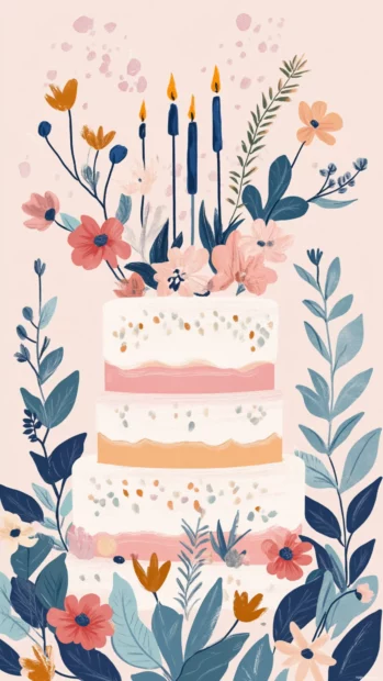 Birthday design with floral borders and soft pink background.