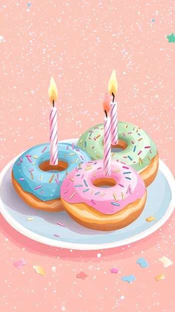 Birthday donuts with candles and aesthetic sprinkles on pastel plate.