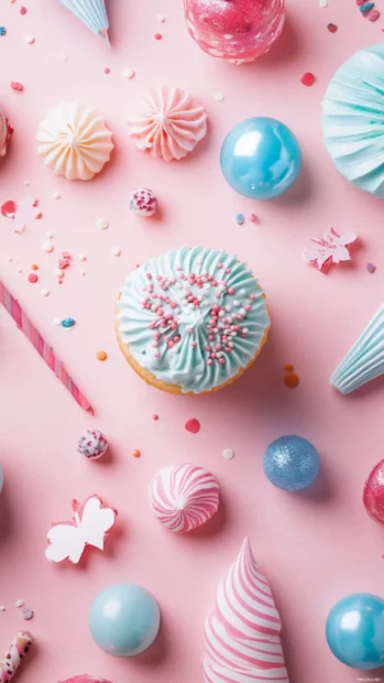 Birthday elements scattered in an aesthetic flat lay arrangement.