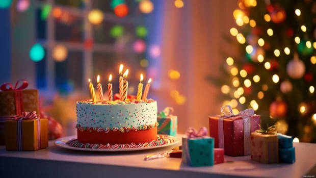 Birthday greeting wallpaper showing a festive table with gifts and decorations.