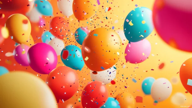 Birthday greeting wallpaper with colorful balloons and confetti, cheerful design for a special day.
