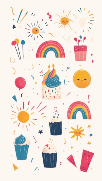 Birthday layout with rainbow and sunshine icons.