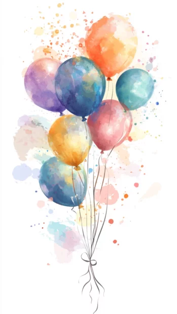 Birthday with watercolor balloons and gentle gradients.