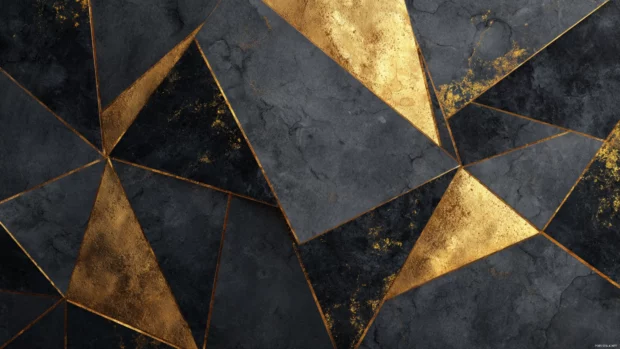 Black And Gold Geometric Wallpaper design illustrating bold triangular facets with shiny gold leaf accents.