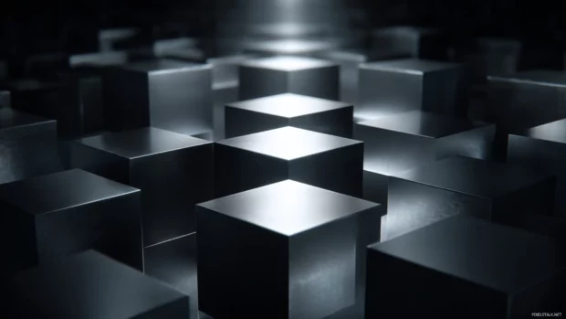 Black Geometric composition with 3D cubes and light reflections creating depth.
