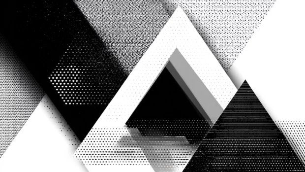 Black and White Geometric background with layered triangles and fine halftone textures.