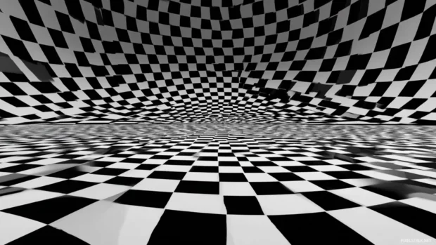 Black and White Geometric checkerboard with distorted perspective for a bold abstract effect.