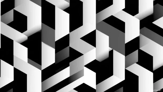 Black and White Geometric pattern of staggered parallelograms creating visual movement and rhythm.