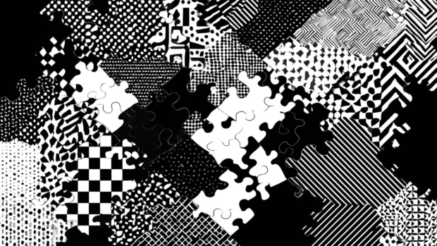 Black and White Geometric puzzle pieces locked together in a dynamic abstract design.