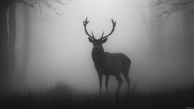 Black and white deer wallpaper with high contrast lighting and misty woodland background.