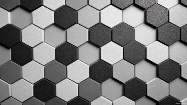 Black and white geometric tile wallpaper depicting repeating tessellated hexagons with subtle bevelled edges.