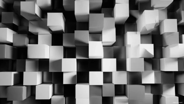 Black and white geometric wallpaper hd with floating 3d cubes casting dramatic shading on clean surface.