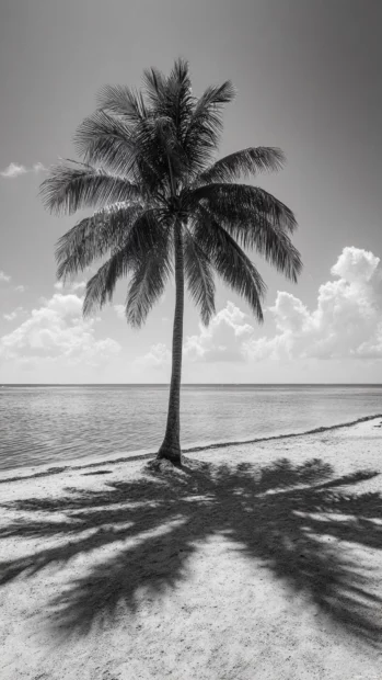 Black and white palm tree casting long shadows on an empty tropical beach at noon.